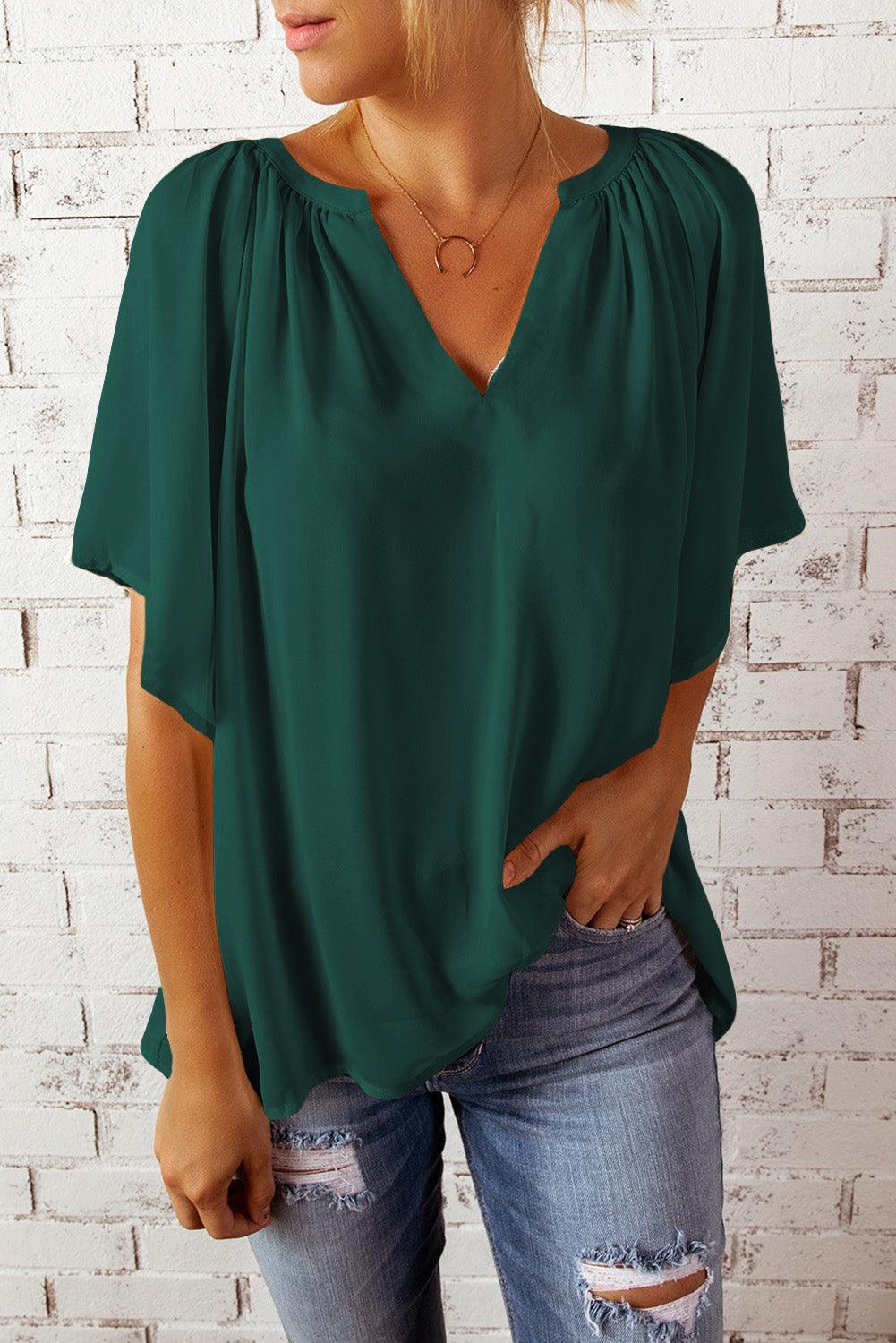 Gathered Detail Notched Neck Flutter Sleeve Top - BELLATRENDZ