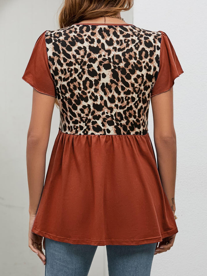 Leopard Round Neck Flutter Sleeve Babydoll Blouse - BELLATRENDZ