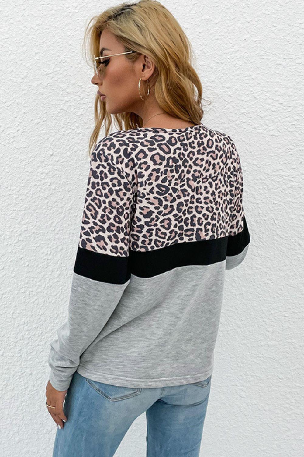 Leopard Color Block V-Neck Long Sleeve Top - BELLATRENDZ