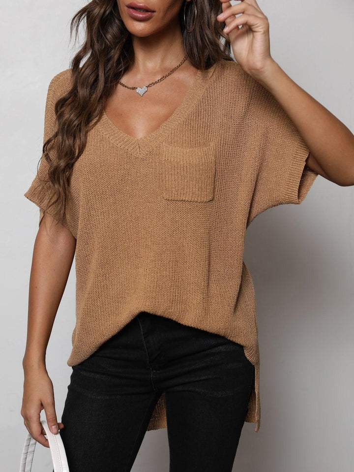 V-Neck Slit High-Low Knit Top - BELLATRENDZ