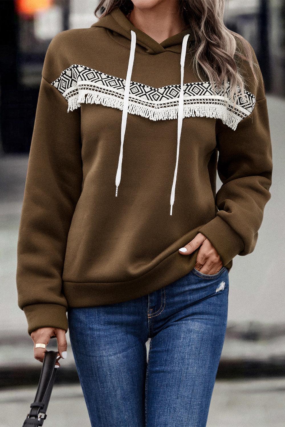 Contrast Fringe Detail Dropped Shoulder Hoodie - BELLATRENDZ