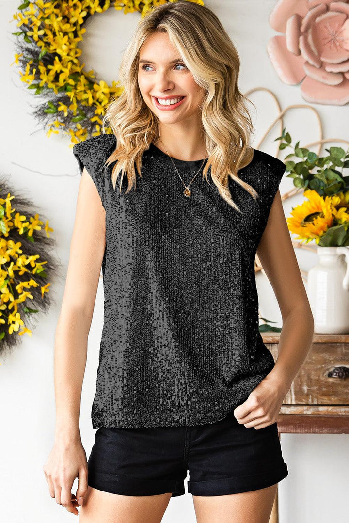 Sequin Round Neck Capped Sleeve Tank - BELLATRENDZ