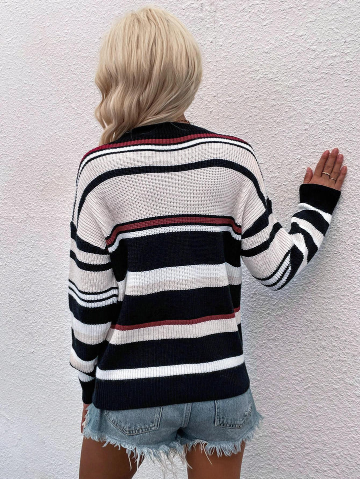 Striped Drop Shoulder Round Neck Pullover Sweater - BELLATRENDZ