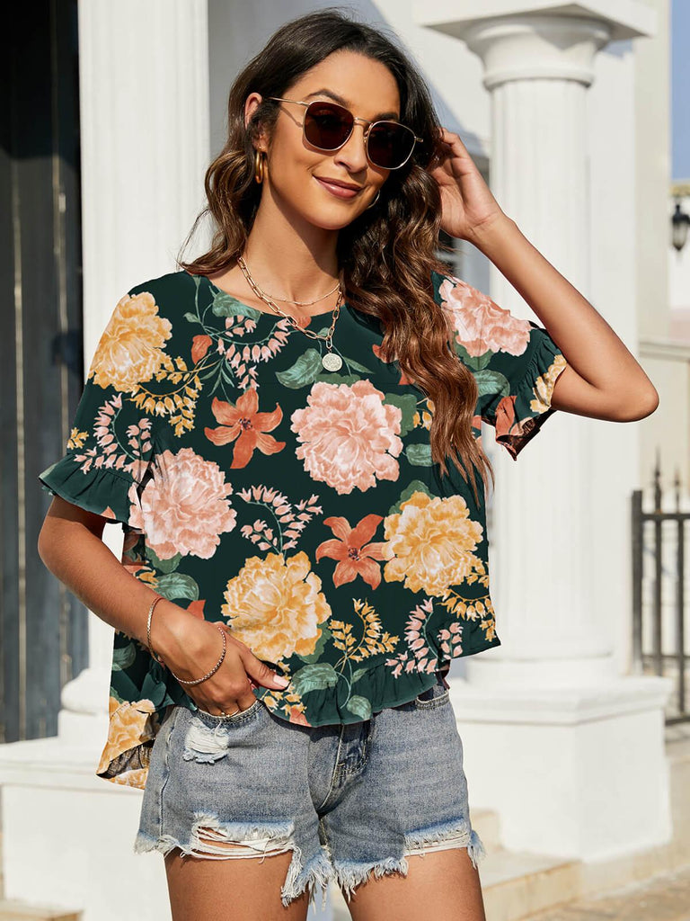 Floral Ruffled Flounce Sleeve Blouse - BELLATRENDZ