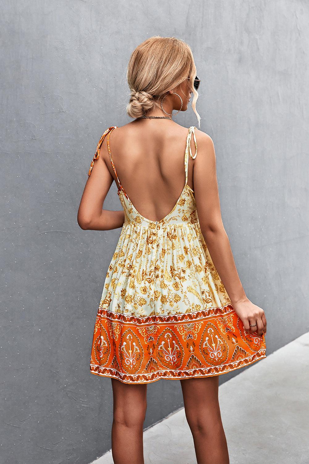 Bohemian Tie Shoulder Surplice Backless Dress - BELLATRENDZ