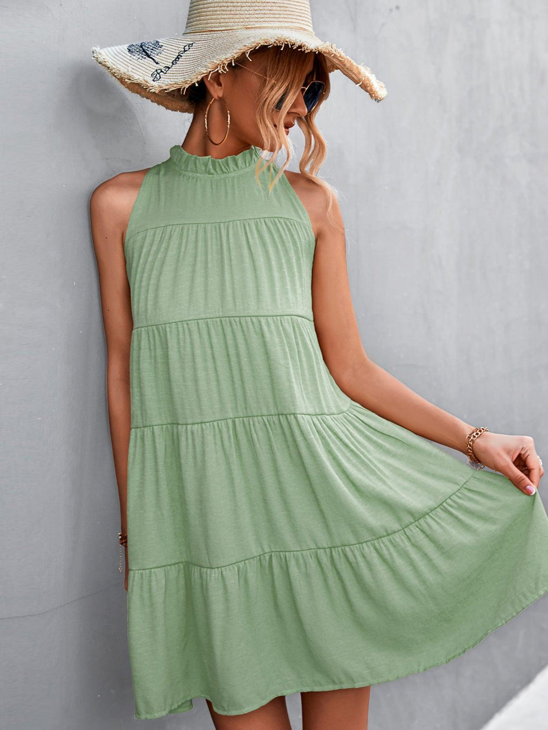 Tie Back Mock Neck Tiered Dress - BELLATRENDZ