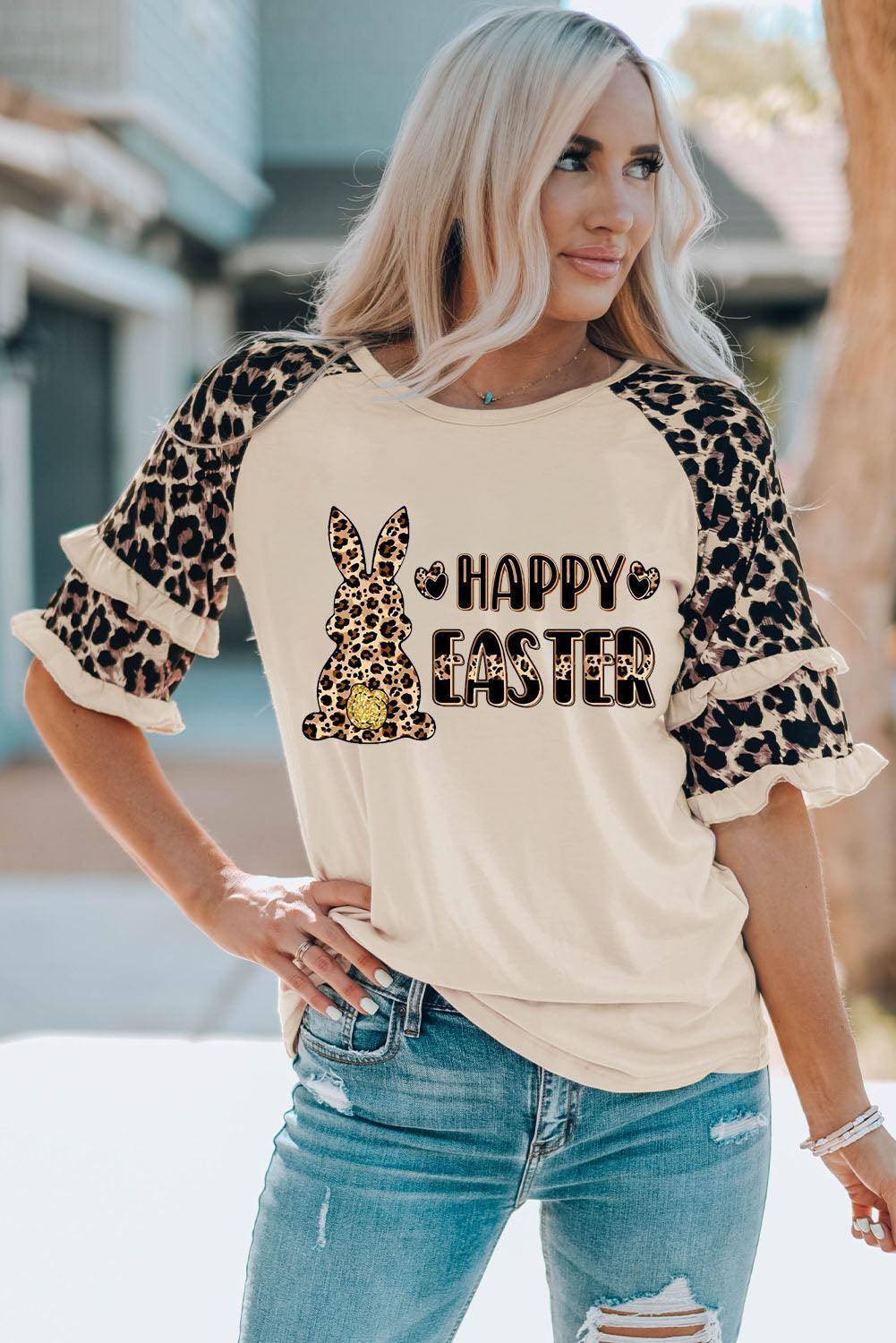 HAPPY EASTER Leopard Graphic Layered Sleeve T-Shirt