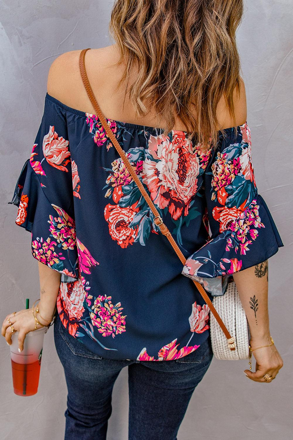 Printed Off-Shoulder Flounce Sleeve Top - BELLATRENDZ