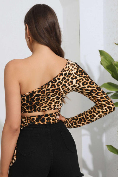 Leopard Cutout One-Shoulder Cropped Top