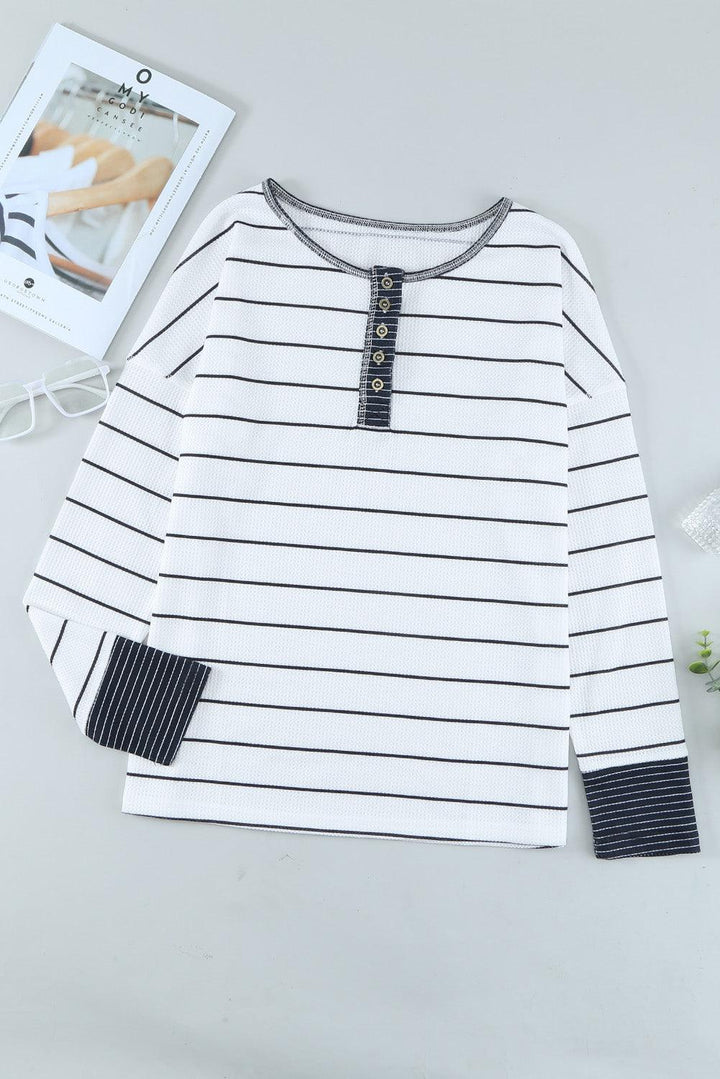 Striped Waffle Knit Henley Long Sleeve Top - BELLATRENDZ