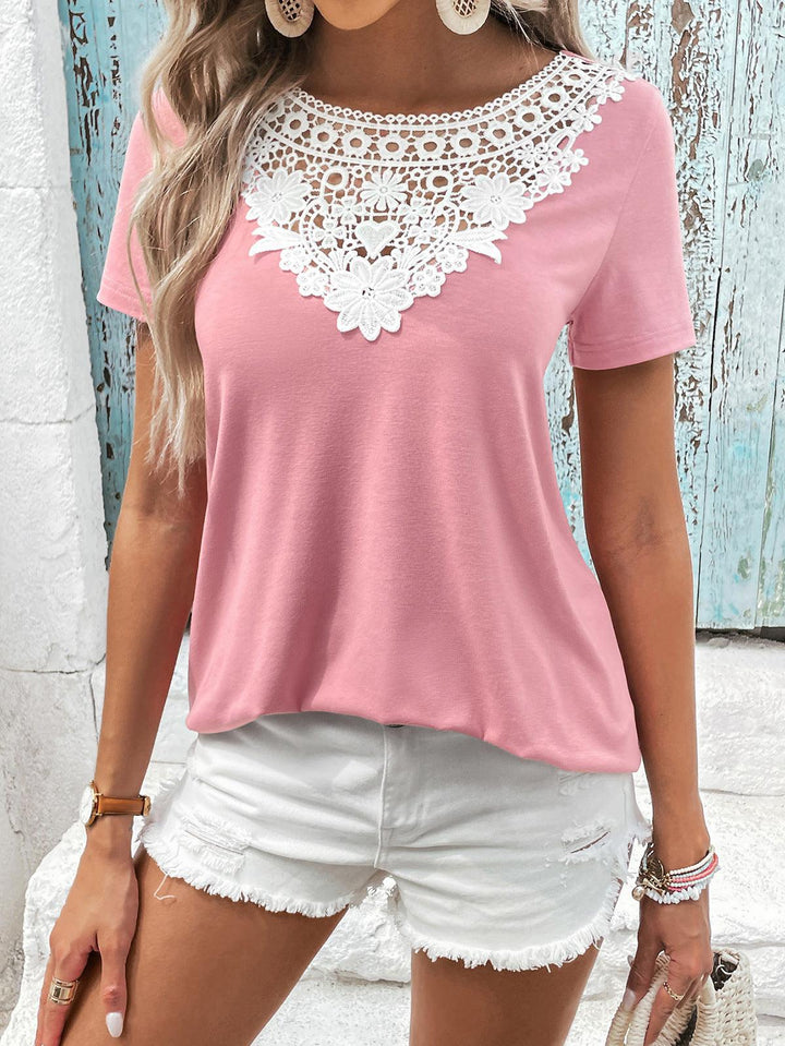 Spliced Lace Contrast Short Sleeve Top - BELLATRENDZ