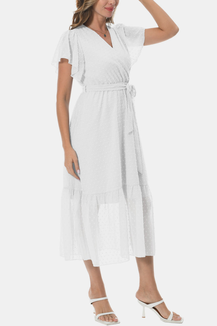 Surplice Neck Flutter Sleeve Tied Dress