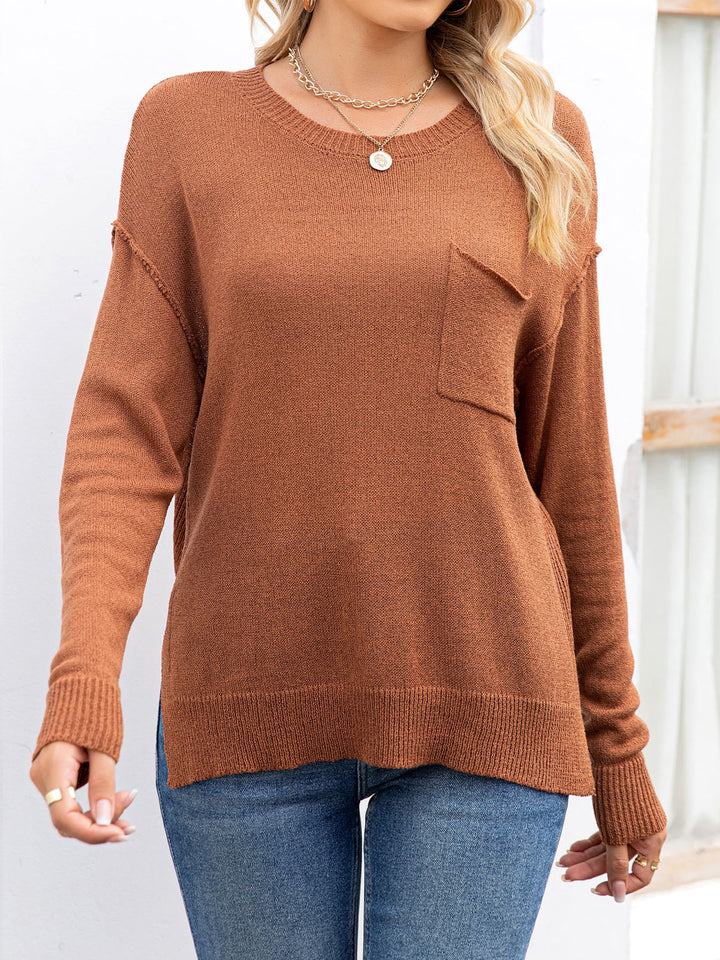 Round Neck Dropped Shoulder Slit T-Shirt