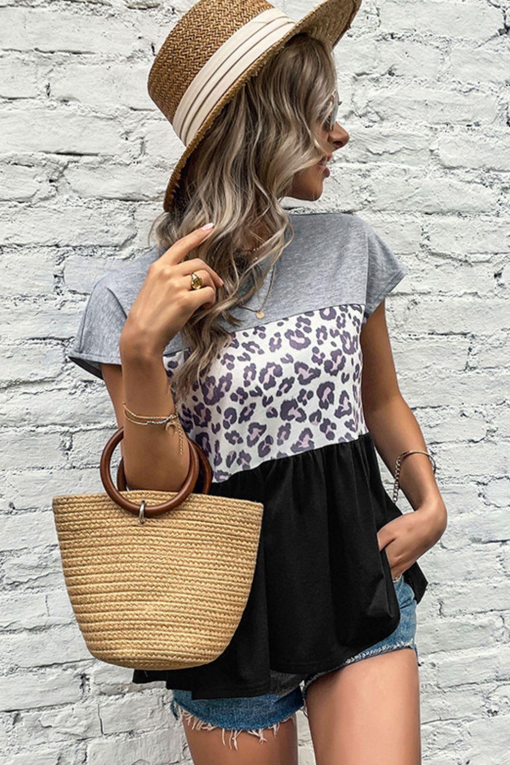 Leopard Color Block Babydoll Tee Shirt - BELLATRENDZ