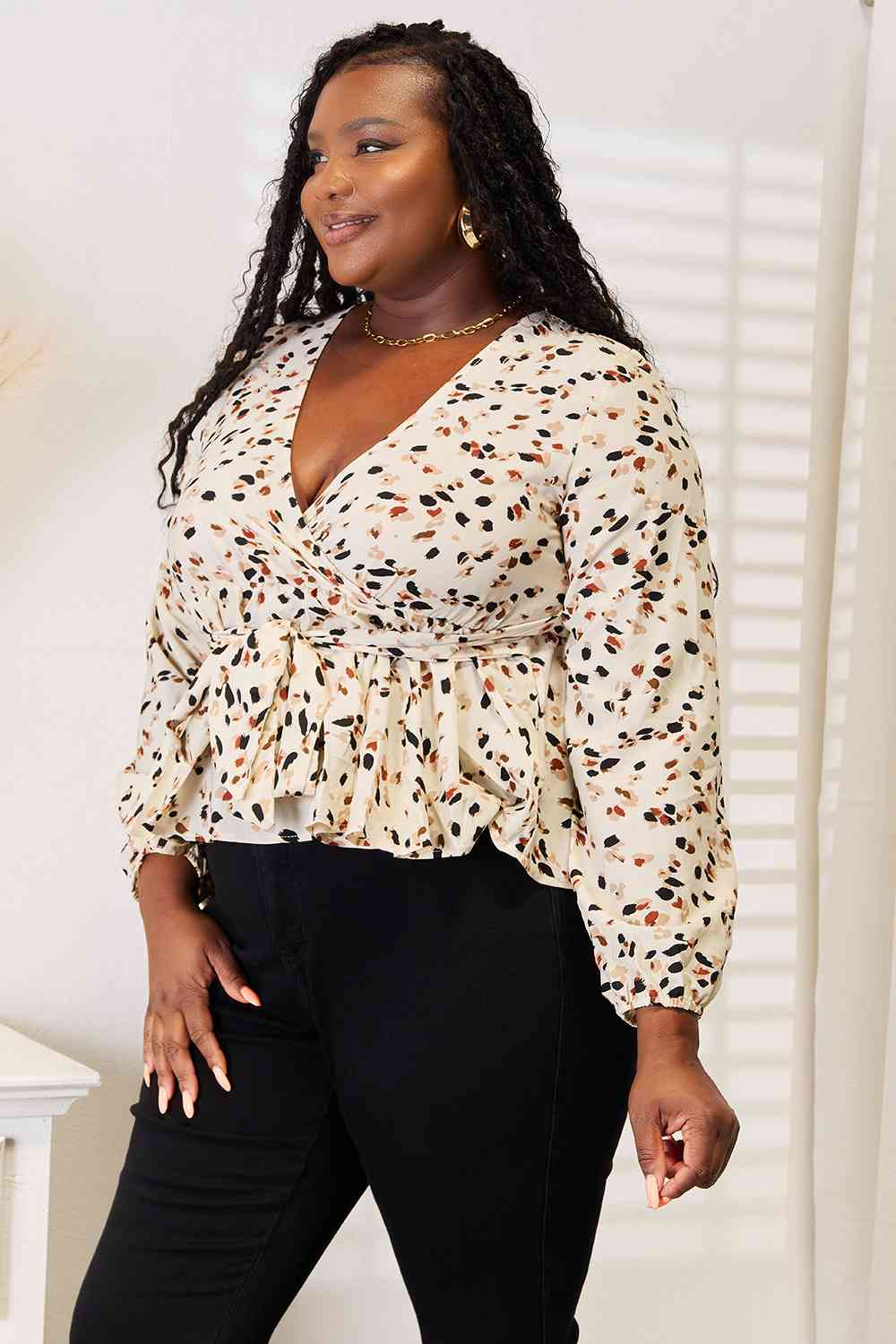 Double Take Printed Tied Plunge Peplum Blouse