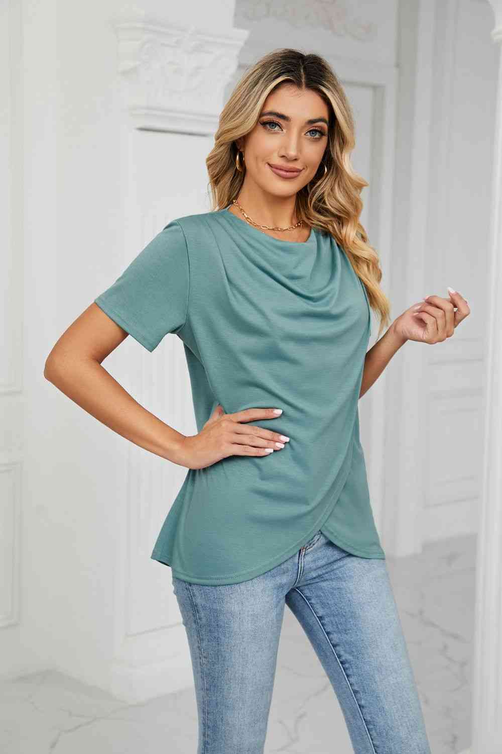 Cowl Neck Tulip Hem T-Shirt