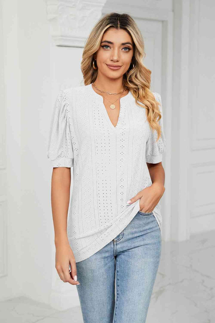 Eyelet Short Puff Sleeve Notched Neck Top