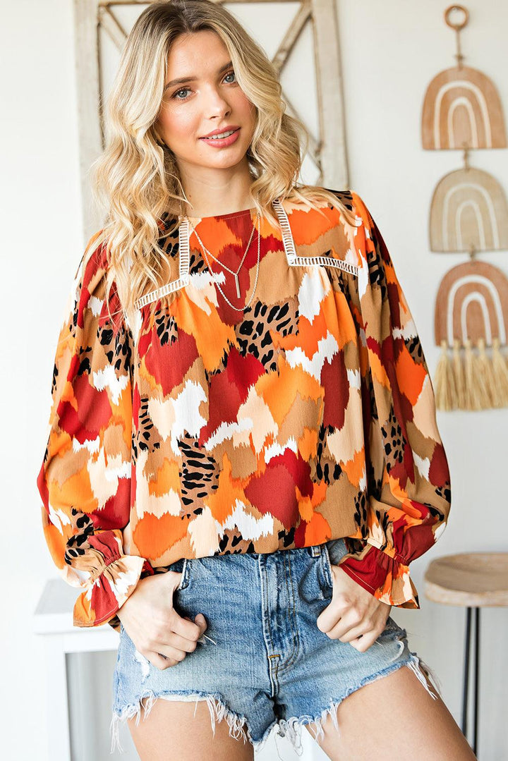 Printed Flounce Sleeve Buttoned Blouse - BELLATRENDZ