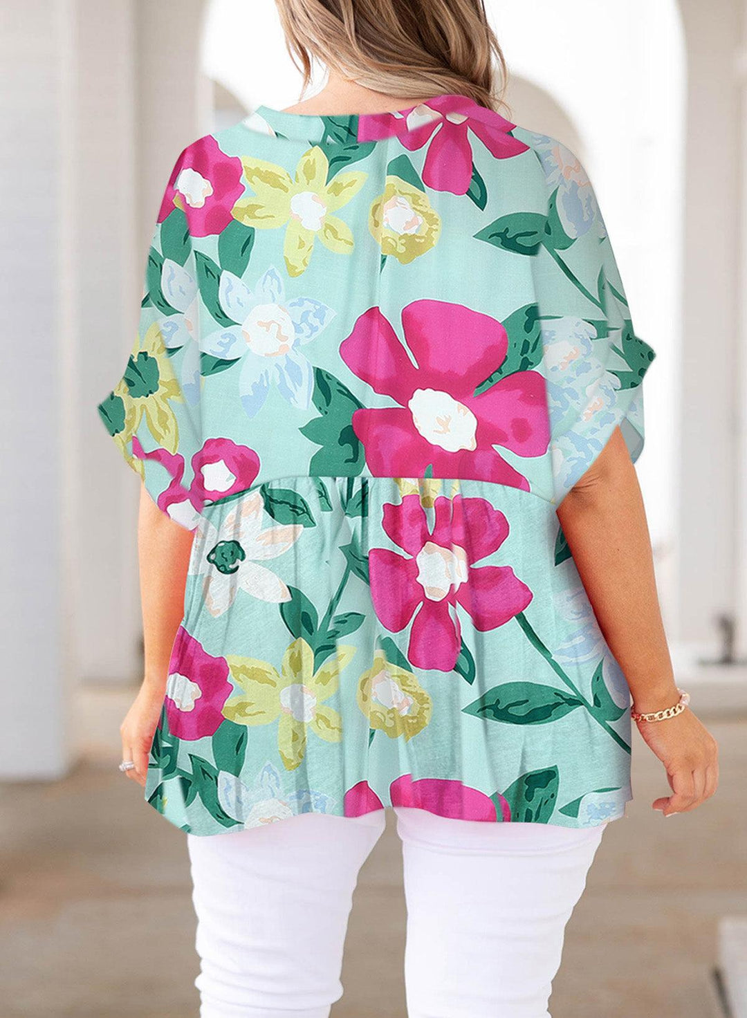 Plus Size Printed Notched Neck Half Sleeve Top - BELLATRENDZ