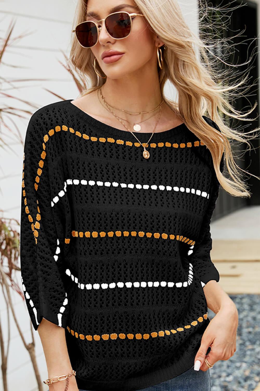 Striped Openwork Three-Quarter Sleeve Knit Top - BELLATRENDZ