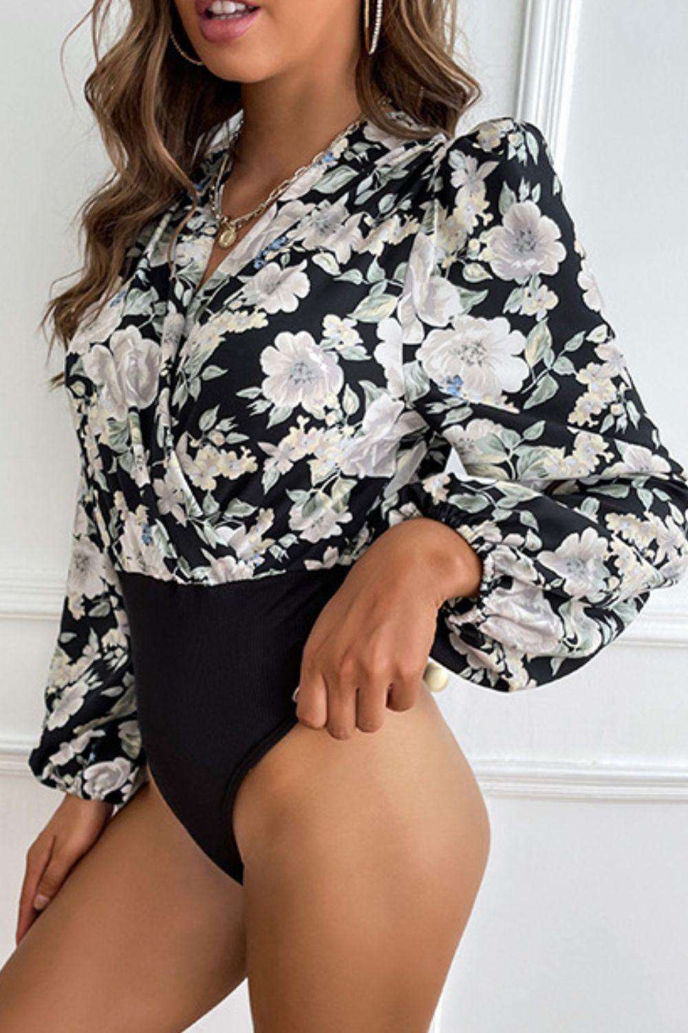 Floral Surplice Neck Puff Sleeve Bodysuit - BELLATRENDZ