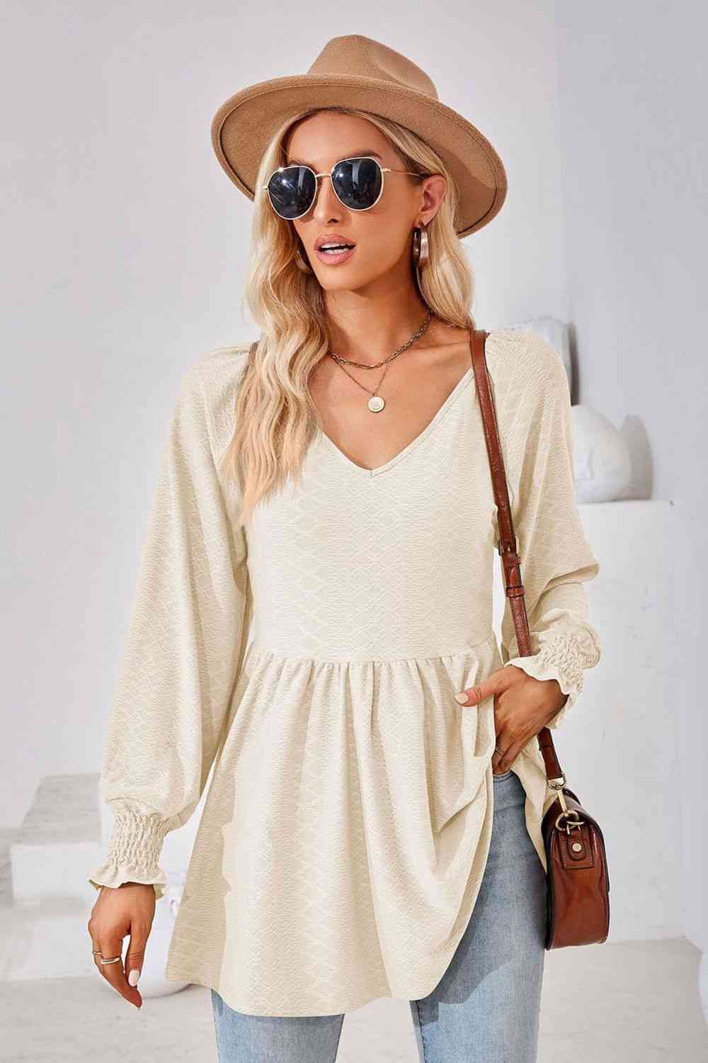 V-Neck Lantern Sleeve Blouse