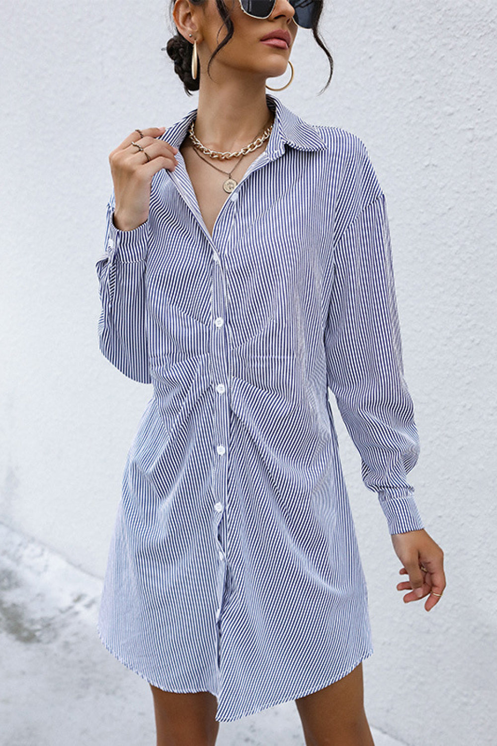 Striped Button Front Ruched Shirt Dress