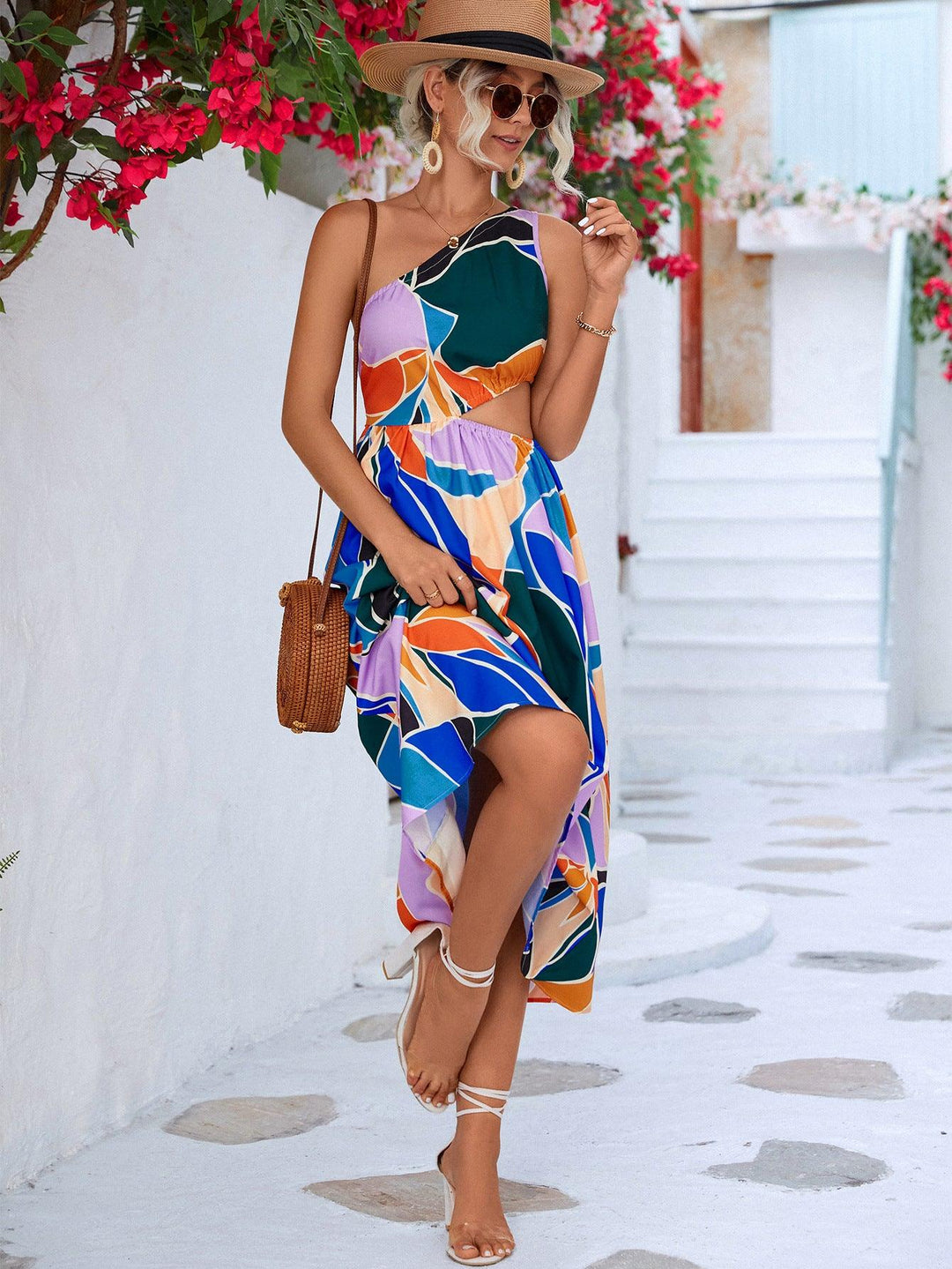 Printed Cutout One-Shoulder Sleeveless Dress - BELLATRENDZ