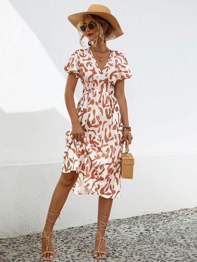 Printed V-Neck Short Sleeve Dress