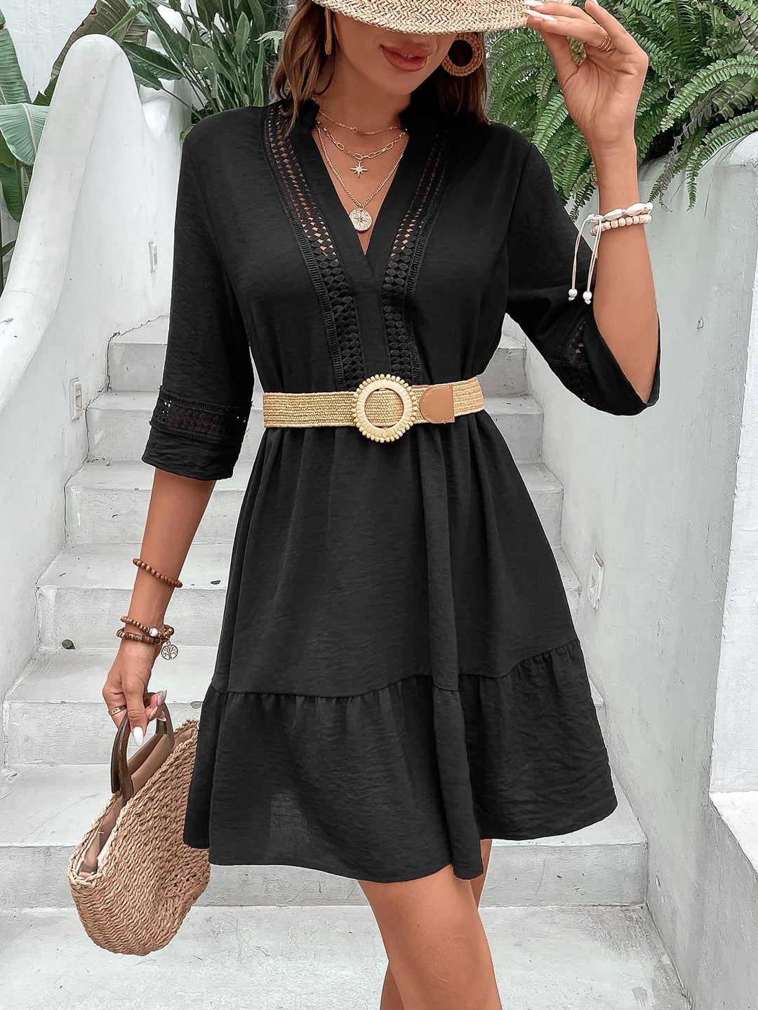 Notched Neck Half Sleeve Dress - BELLATRENDZ