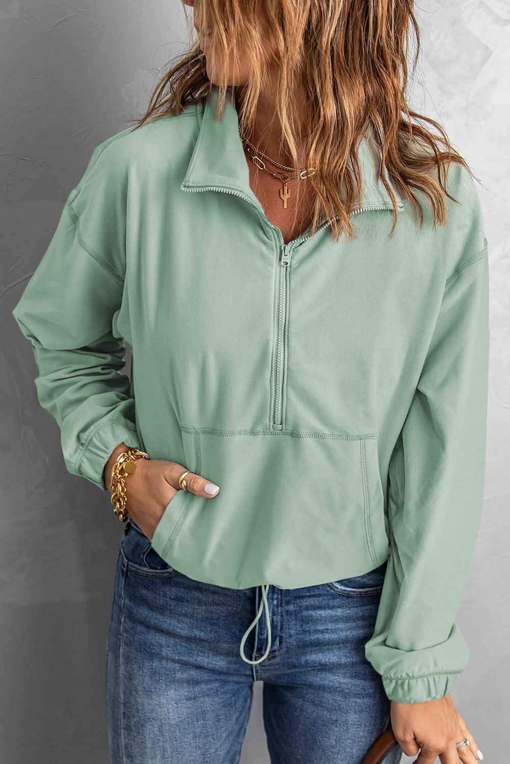 Half-Zip Exposed Seam Drawstring Hem Sweatshirt - BELLATRENDZ