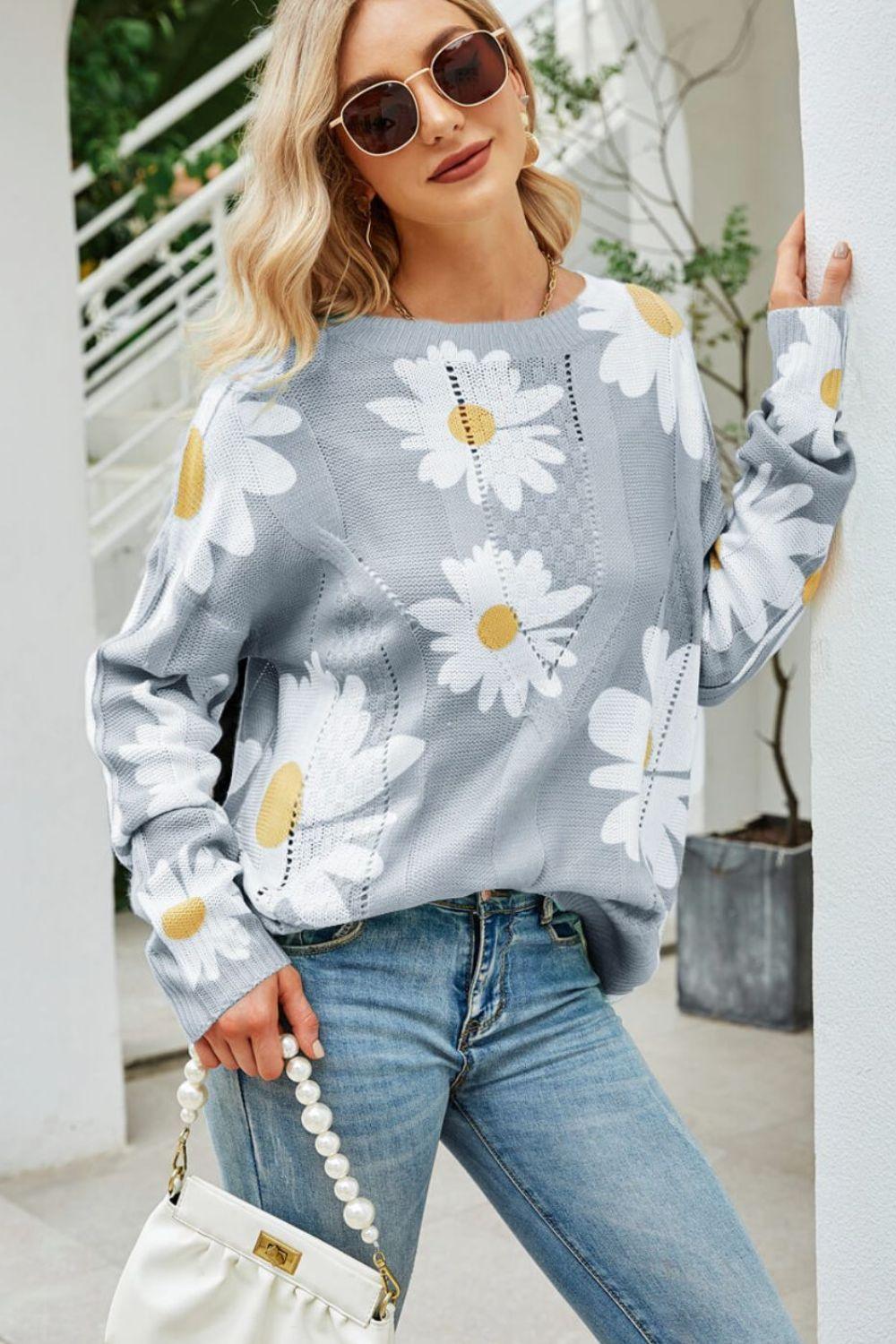 Daisy Print Openwork Round Neck Sweater - BELLATRENDZ