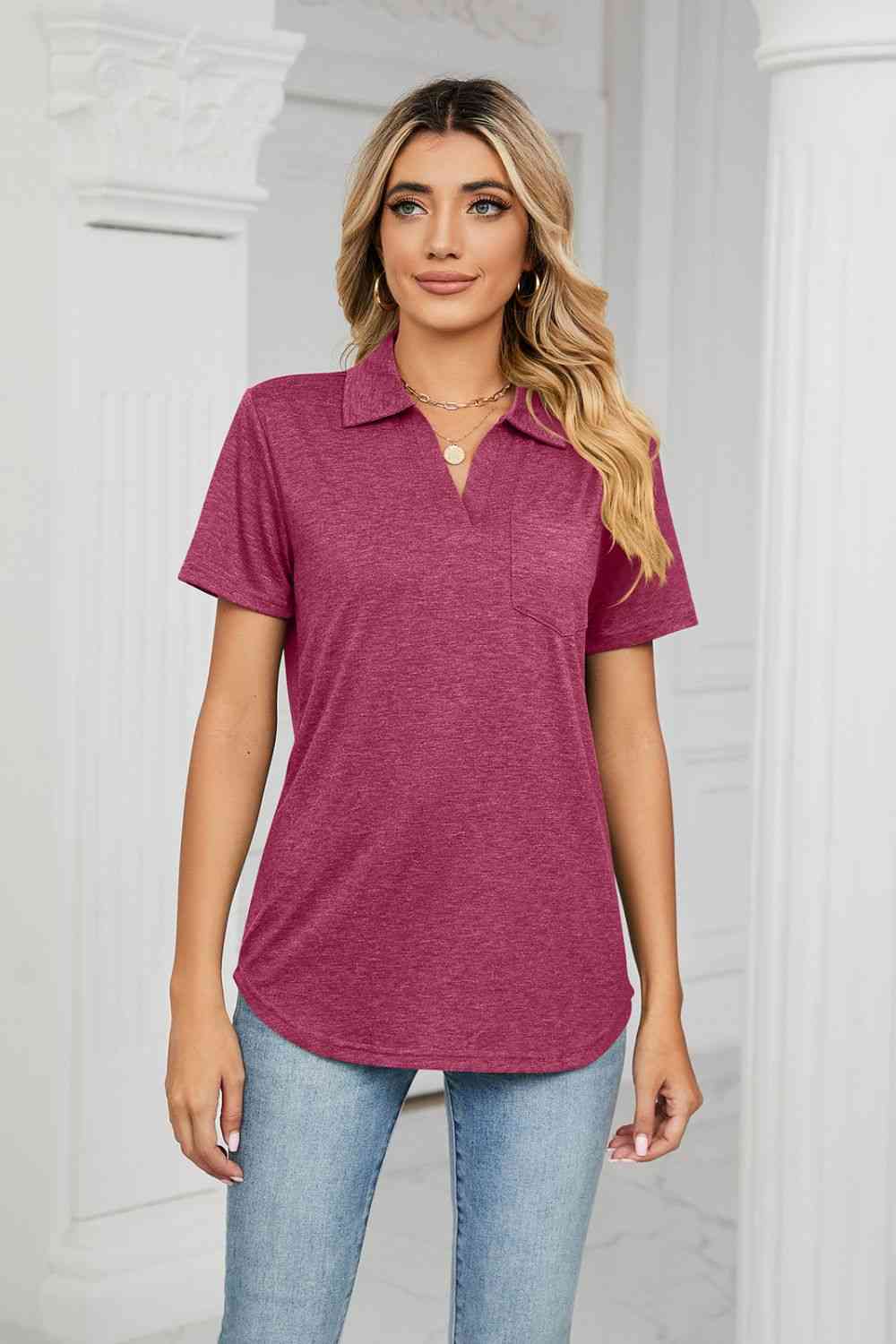 Curved Hem Johnny Collar Polo Shirt