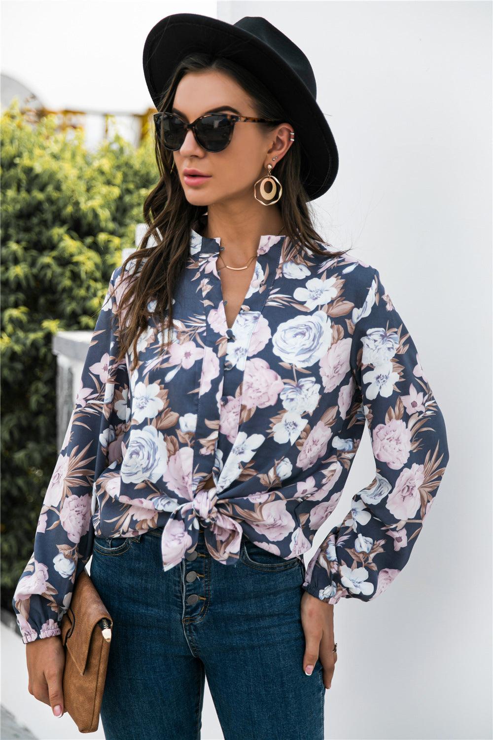 Floral Print Mock Neck Button Front Shirt - BELLATRENDZ