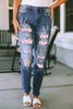 Heart Pattern Distressed Straight Jeans