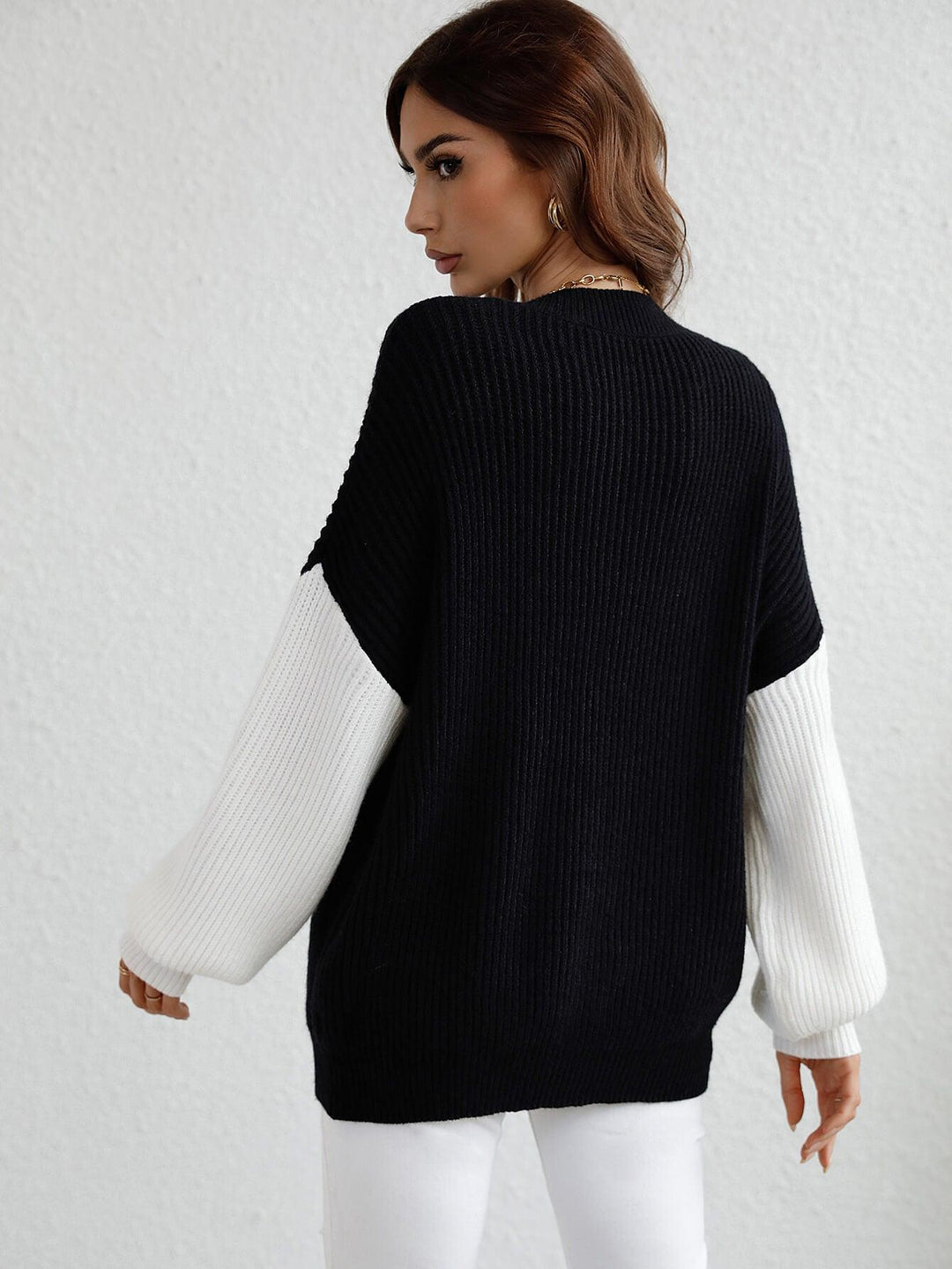 Two-Tone Rib-Knit Dropped Shoulder Sweater - BELLATRENDZ