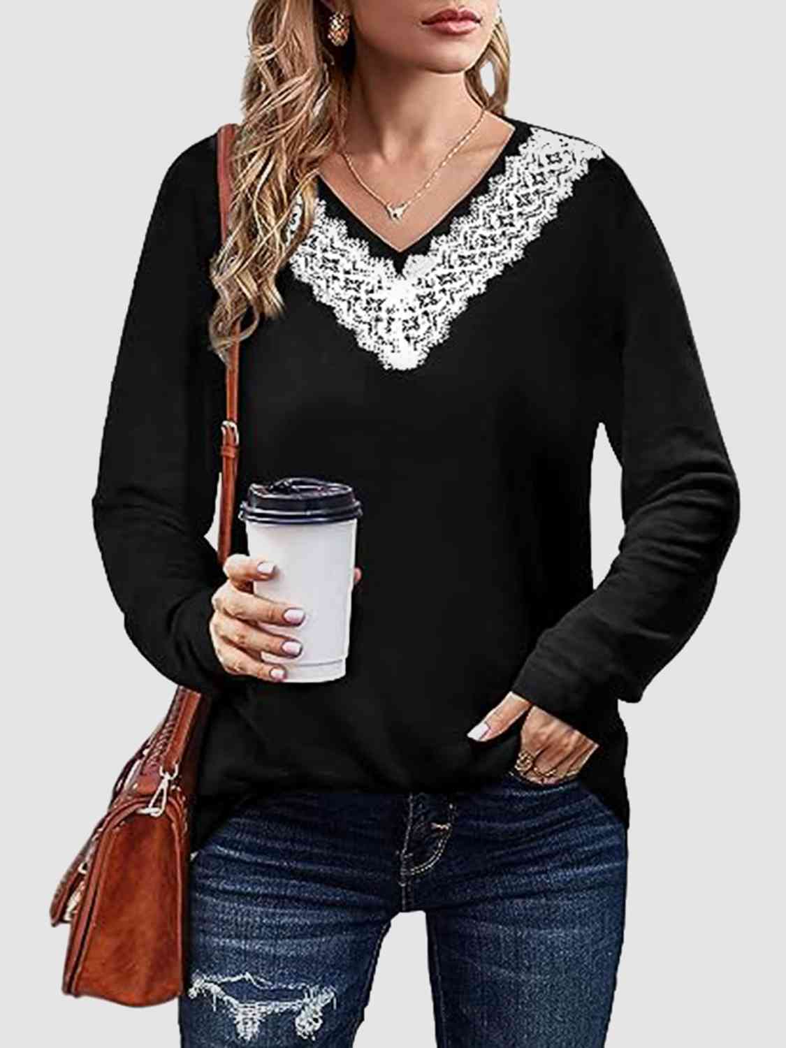 Lace Detail V-Neck Long Sleeve Top