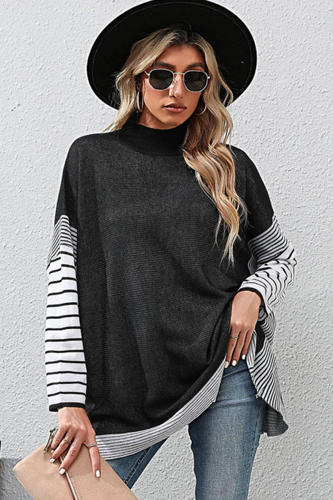 Striped Dolman Sleeve Mock Neck Knit Pullover - BELLATRENDZ