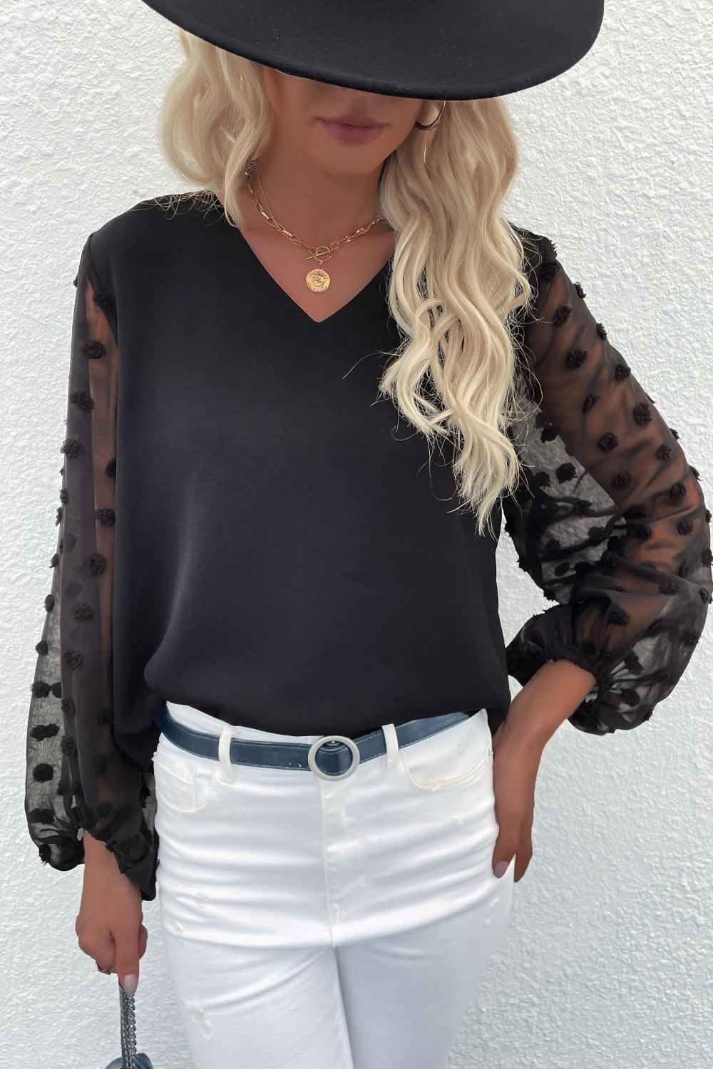 Swiss Dot Sleeve V-Neck Top - BELLATRENDZ