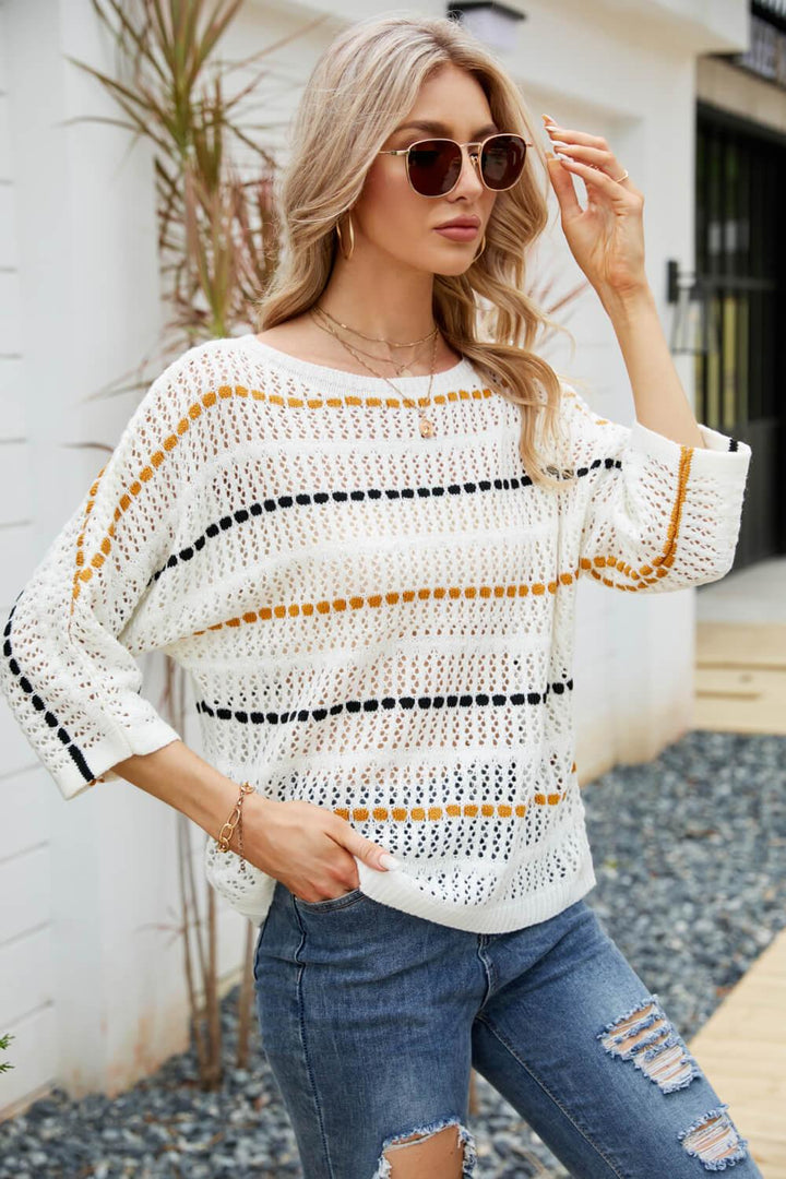 Striped Openwork Three-Quarter Sleeve Knit Top - BELLATRENDZ