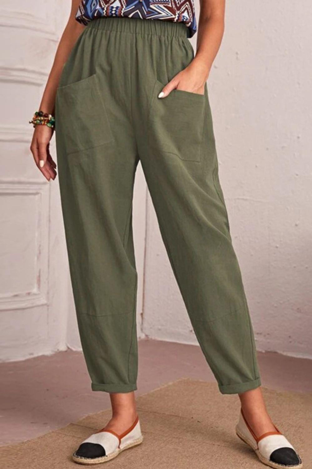 Elastic Waist Pocket Tapered Pants - BELLATRENDZ