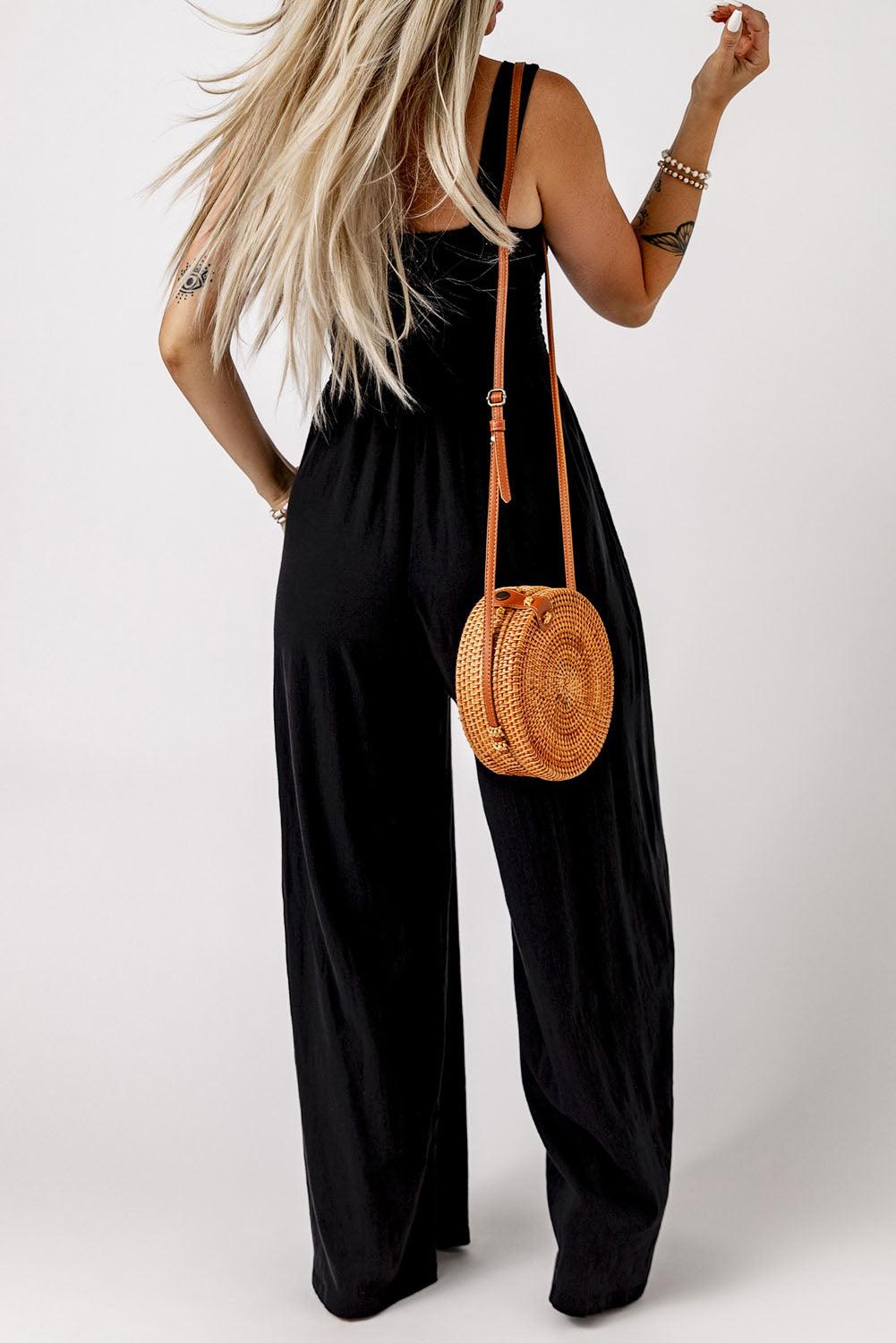 Smocked Square Neck Wide Leg Jumpsuit with Pockets - BELLATRENDZ