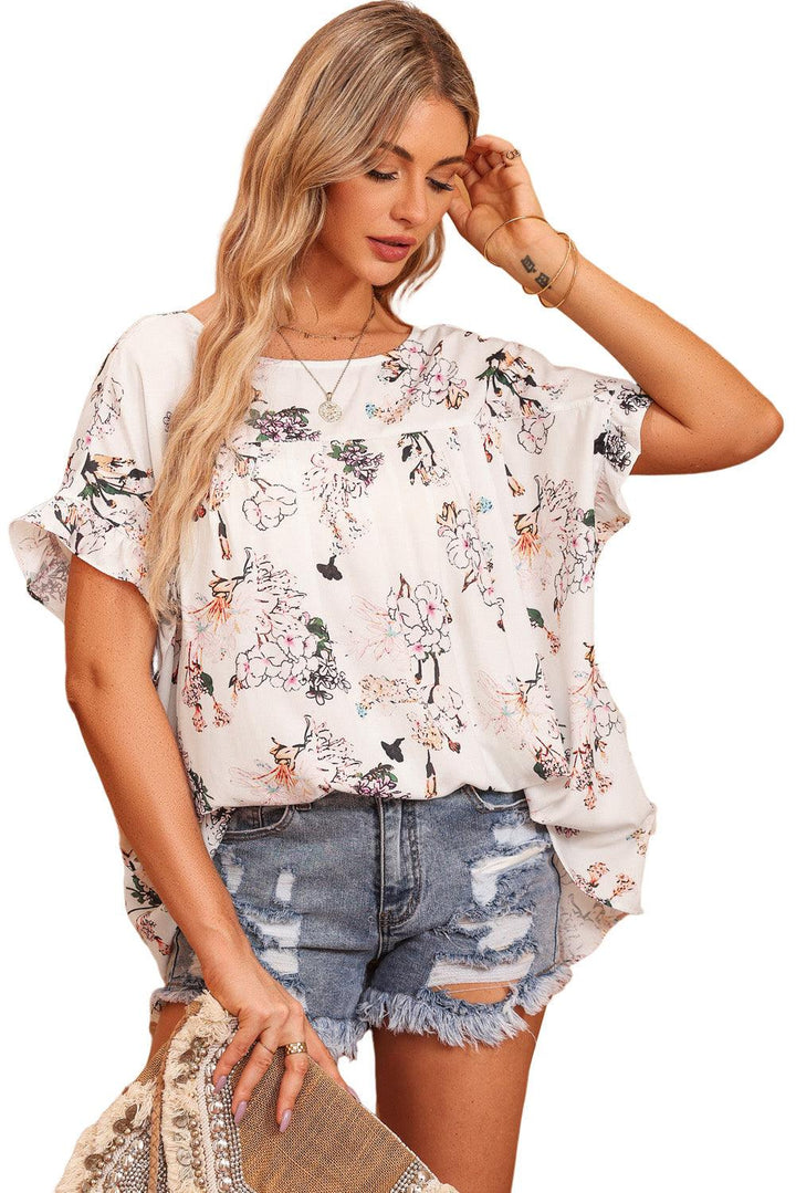 Floral Boat Neck Flounce Sleeve Blouse - BELLATRENDZ