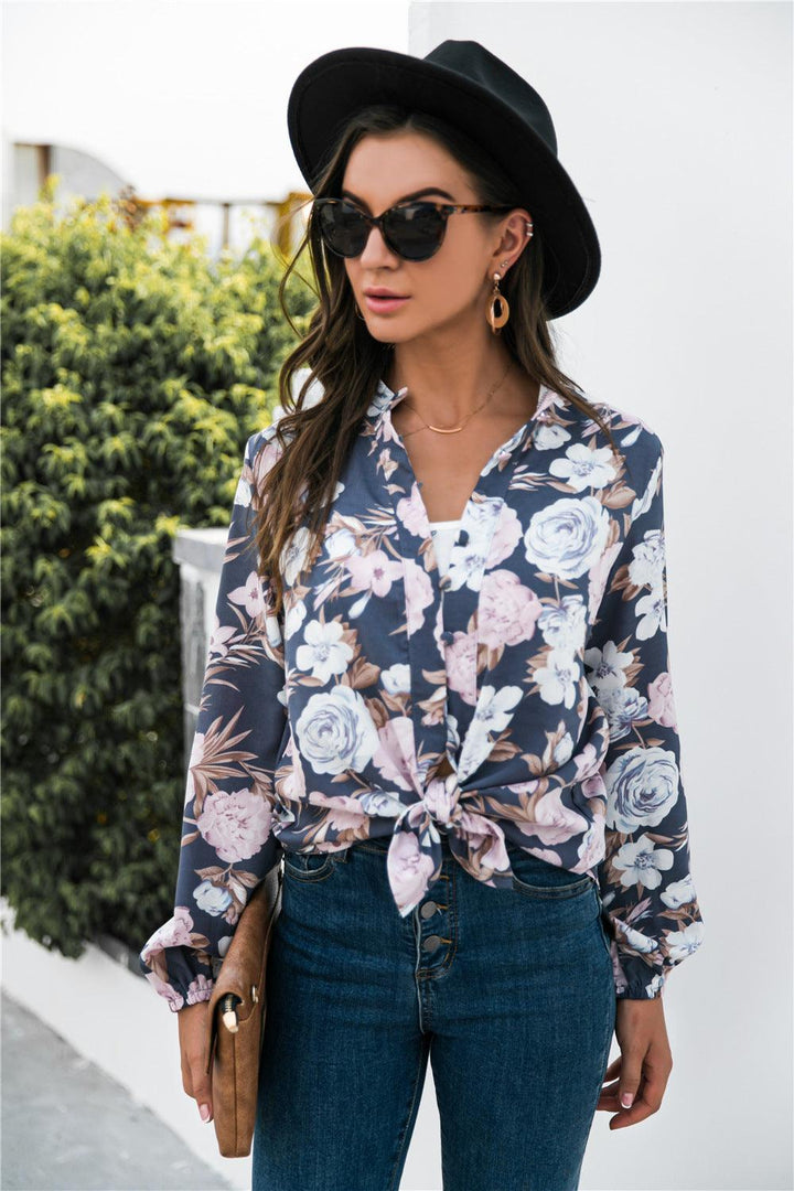 Floral Print Mock Neck Button Front Shirt - BELLATRENDZ