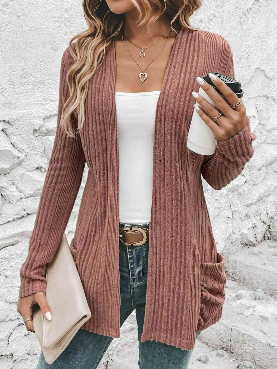 Ribbed Open Front Cardigan with Pockets