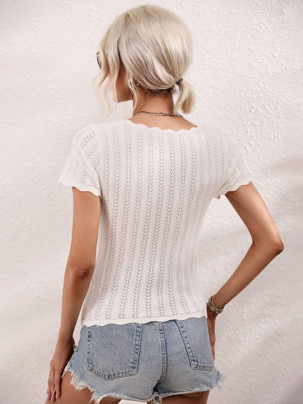 Scalloped Hem Square Neck Knit Top - BELLATRENDZ