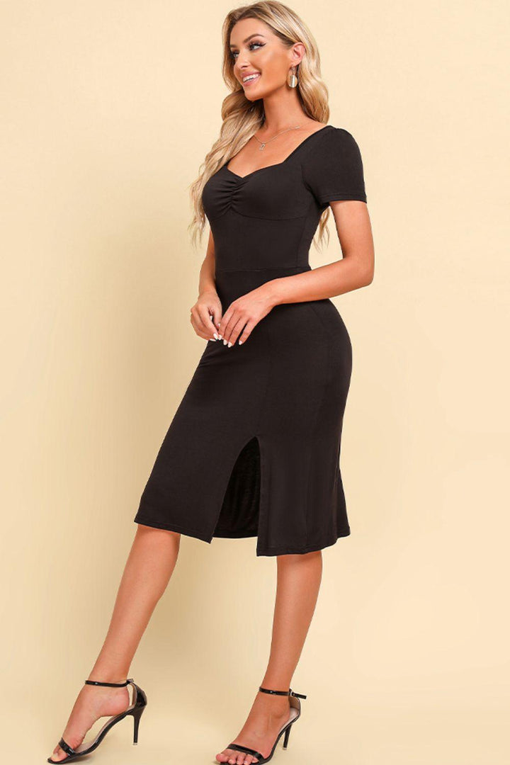 Ruched Sweetheart Neck Short Sleeve Slit Dress - BELLATRENDZ