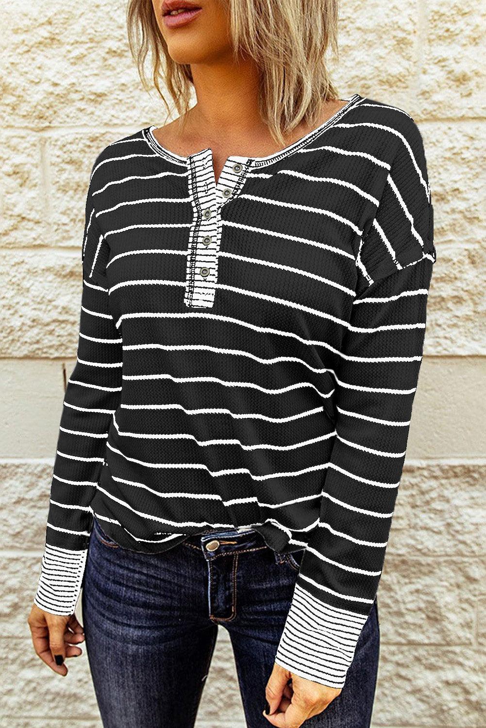 Striped Waffle Knit Henley Long Sleeve Top - BELLATRENDZ