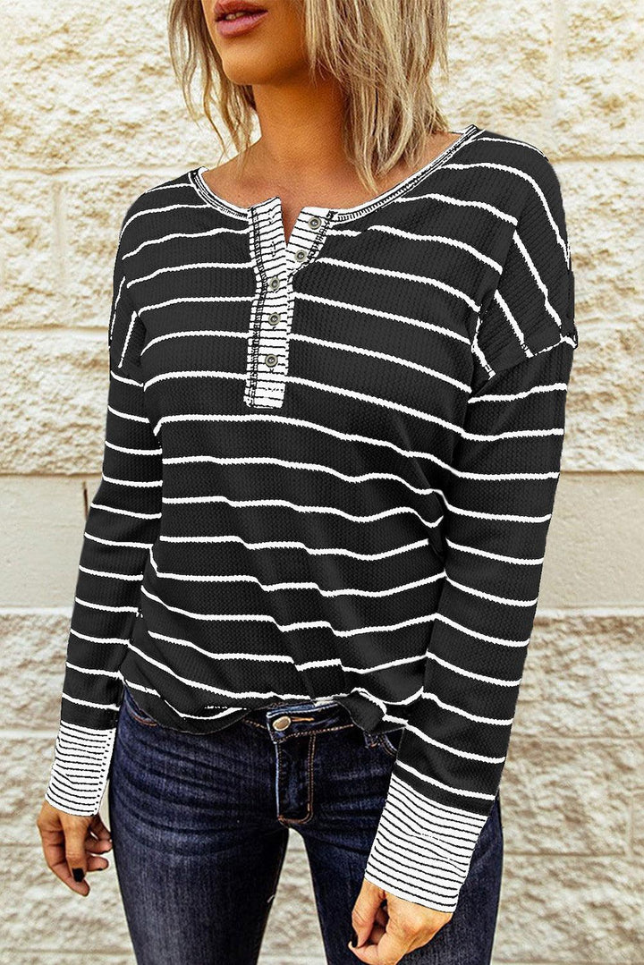 Striped Waffle Knit Henley Long Sleeve Top - BELLATRENDZ