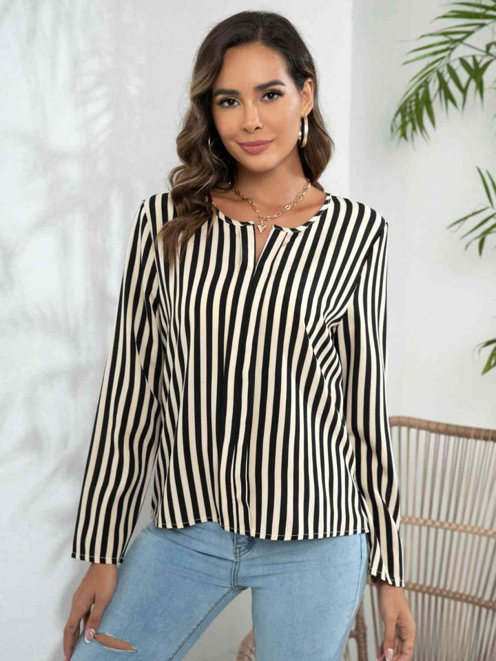 Striped Long Sleeve Notched Blouse